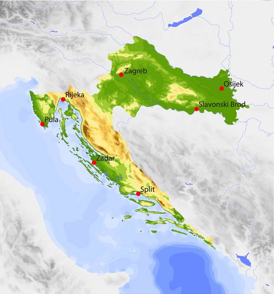 کرواسی نقشه وکتور فیزیکی رنگی بر اساس ارتفاع با رودخانه ها و شهرهای انتخاب شده قلمرو اطراف خاکستری شده است 55 لایه نامگذاری شده کاملاً قابل ویرایش