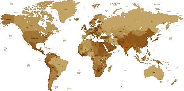 نقشه جهانی وکتور دقیق از رنگ های قهوه ای قهوه ای نام ها علائم شهر و مرزهای ملی در لایه های جداگانه قرار دارند