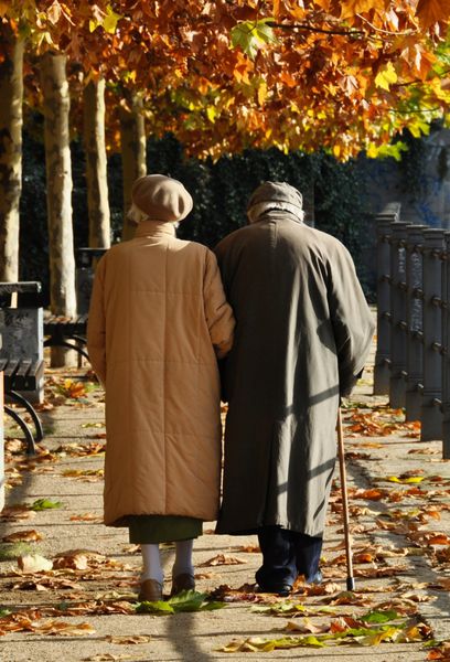 زوج پیری که در امتداد یک مسیر پاییزی دست به دست می‌شوند