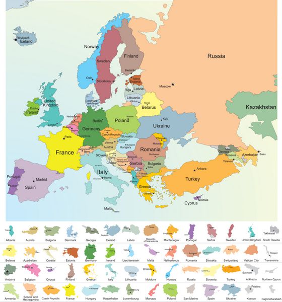 نقشه اروپا با نام تمام کشورهای اروپایی پایتخت مرزهای ملی دقیق بردار شامل کشورهایی با شناسایی محدود است