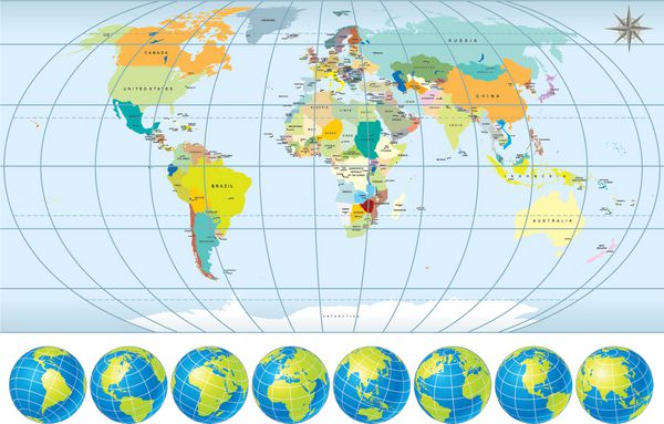 نقشه جهان با همه کشورها پایتخت ها و مجموعه ای از کره زمین وکتور با جزئیات قابل ویرایش نسخه 2011