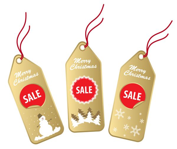 برچسب های جدید فروش طلایی و قرمز کریسمس جدا شده روی سفید