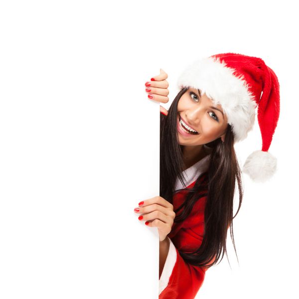 زن زیبای کریسمس با کلاه بابا نوئل
