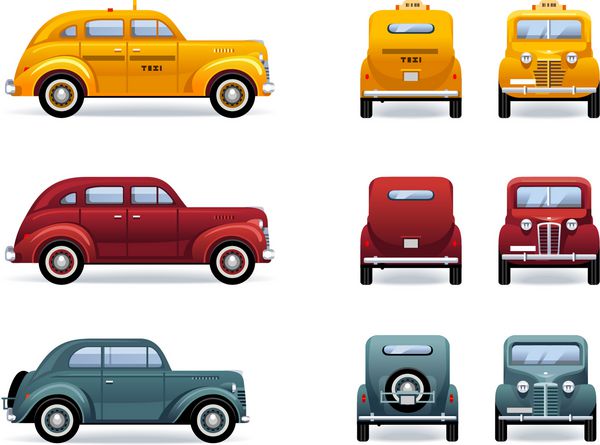 اتومبیل های رترو 1930-40th مجموعه ای از آیکون های ماشین در وکتور سایه ها در لایه جداگانه قرار دارند