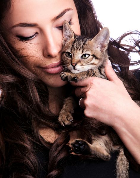 زن جوان زیبا که بچه گربه در دست دارد پرتره استودیویی