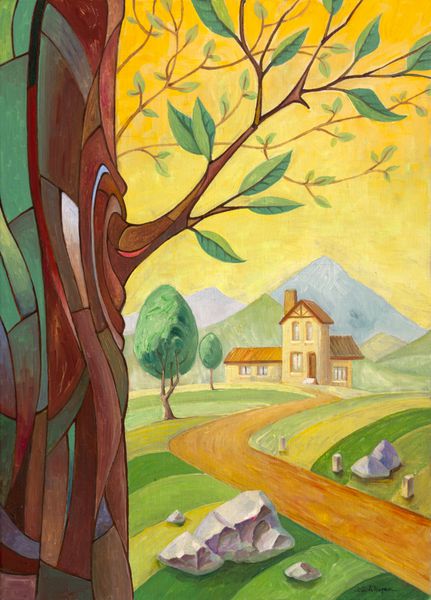 منظره روستایی با تنه درخت با شاخه ای جوان در پیش زمینه و جاده ای به عمارت کوچک دوردست این اثر هنری من است - نقاشی رنگ روغن 70x50 سانتی متر