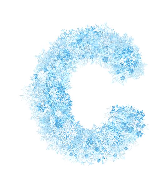 حرف C الفبای دانه های برف آبی یخ زده در پس زمینه سفید