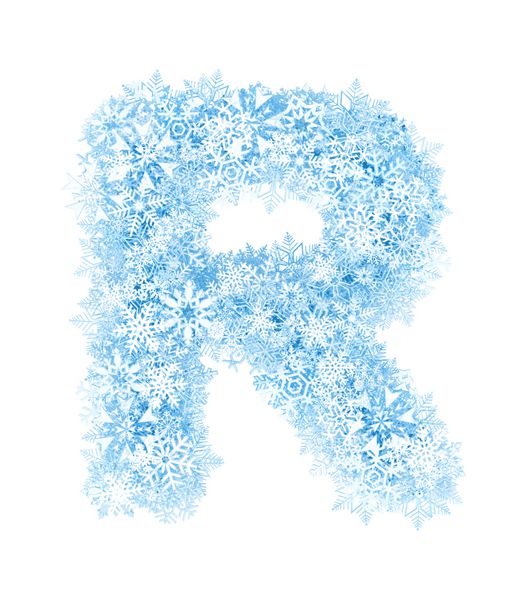 حرف R الفبای دانه های برف آبی یخ زده در پس زمینه سفید