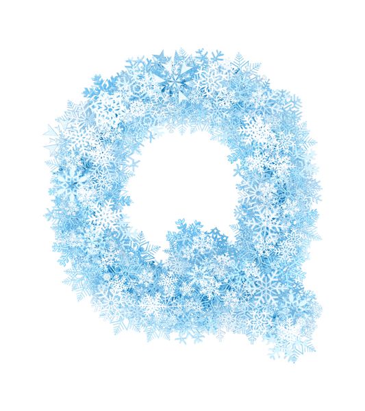 حرف Q الفبای دانه های برف آبی یخ زده در پس زمینه سفید