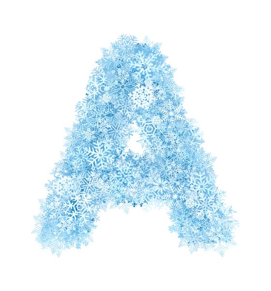 حرف A الفبای دانه های برف آبی یخ زده در پس زمینه سفید