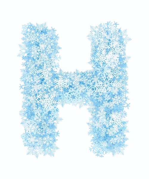 حرف H الفبای دانه های برف آبی یخ زده در پس زمینه سفید