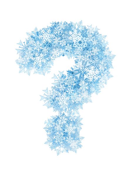 علامت سوال الفبای دانه های برف آبی یخ زده در پس زمینه سفید