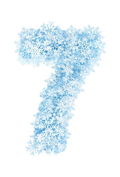 شماره 7 الفبای دانه های برف آبی یخ زده در پس زمینه سفید