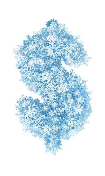 علامت دلار الفبای دانه های برف آبی یخ زده در پس زمینه سفید
