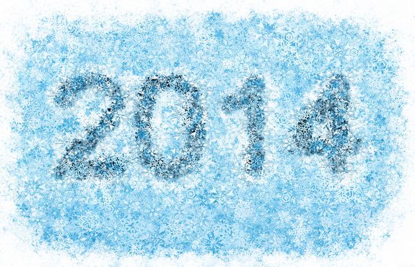 عنوان سال 2014 الفبای دانه های برف آبی یخ زده در پس زمینه سفید