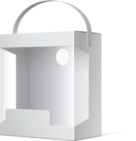 جعبه مقوایی بسته واقعی سبک با یک دسته و یک پنجره پلاستیکی شفاف وکتور