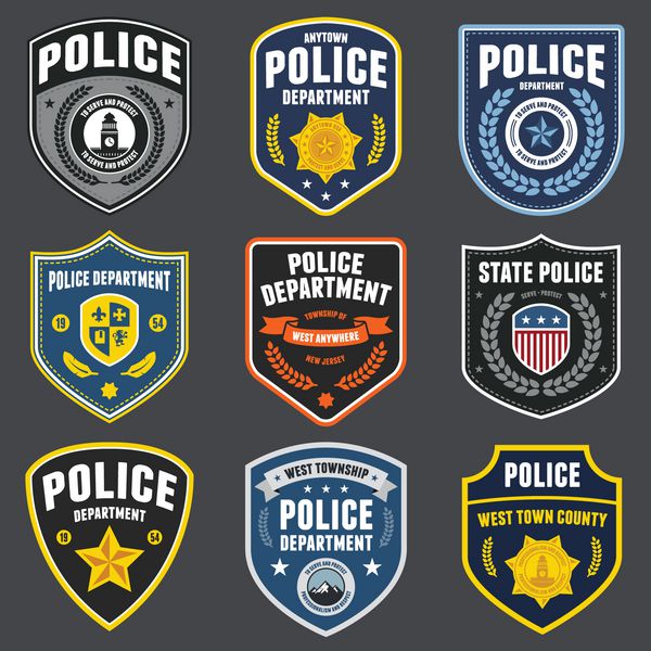 مجموعه ای از نشان های اجرای قانون پلیس و وصله های آرم