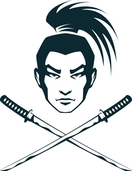 تصویر خطی ساده از یک جنگجوی سامورایی و شمشیرهای متقاطع کاتانا