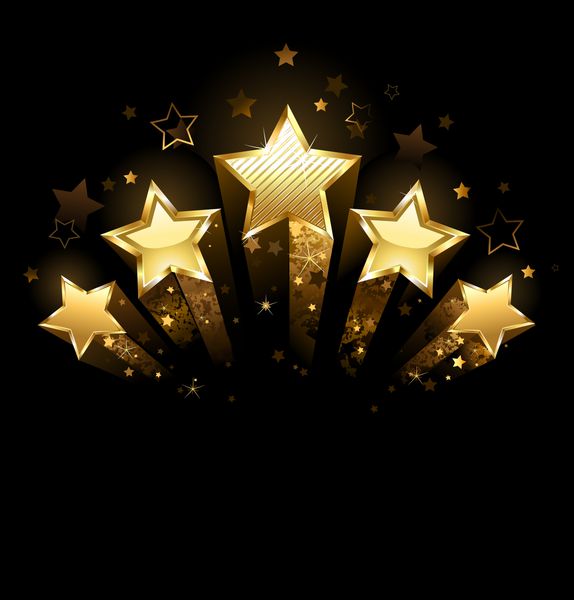 پنج ستاره درخشان از ورق طلا بر روی زمینه سیاه