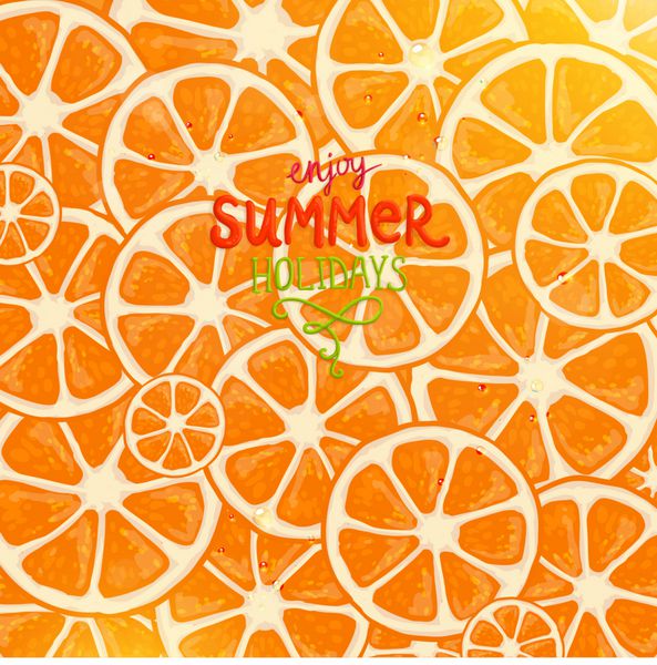 لیمو و پرتقال با درخشش خورشید و قطره های آب برای طراحی پس زمینه تابستانی روشن وکتور
