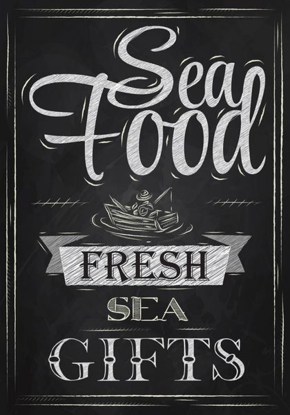 پوستر هدایای دریای تازه غذای دریایی در طراحی سبک رترو با گچ روی تخته سیاه