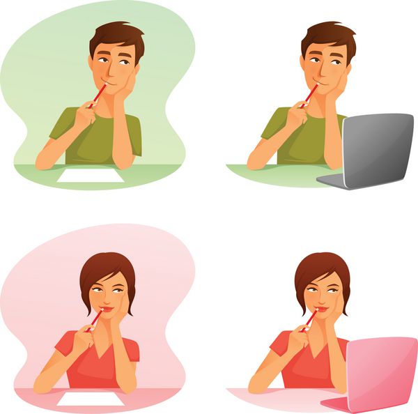 تصاویر کارتونی زیبا از یک مرد و زن جوان در حال تفکر یا کار با کامپیوتر