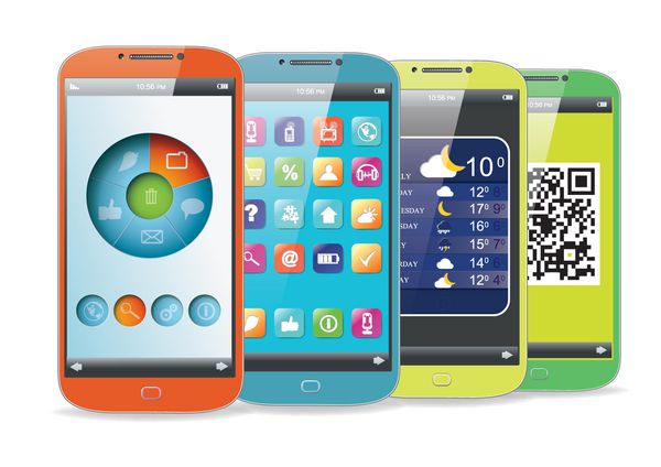 مجموعه ای از تلفن های هوشمند رنگی با برنامه های مختلف