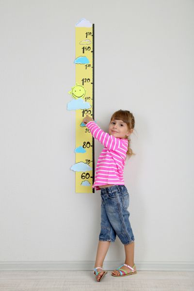 دختر کوچکی که قد را با دیوار اتاق اندازه می‌گیرد