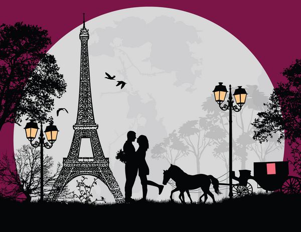 کالسکه و عاشقان در شب در پاریس پس زمینه عاشقانه وکتور