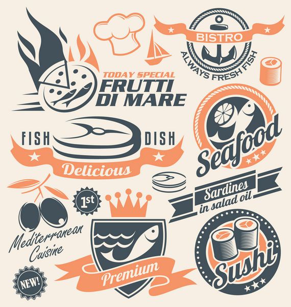مجموعه ای از نمادها نمادها و نشانه های غذاهای دریایی مجموعه عناصر طراحی رترو از نشان ها برچسب ها و نشان ها برای رستوران ماهی مفهوم طراحی غذای تازه و خوشمزه