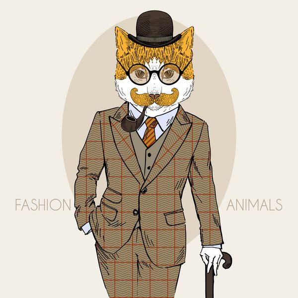 تصویر مد طراحی شده با دست از گربه لباس پوشیده در رنگ