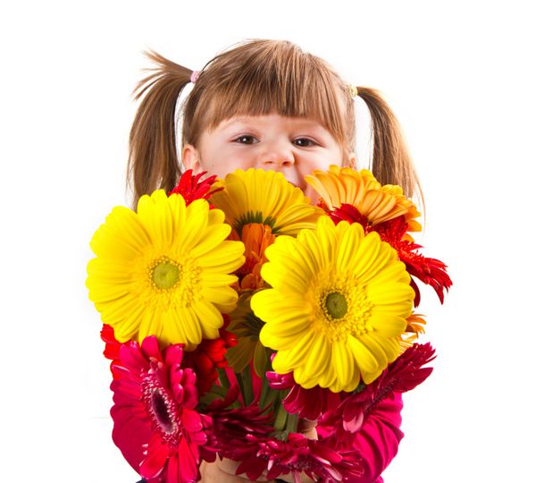 دختر بچه ناز با دسته گل ژربرا