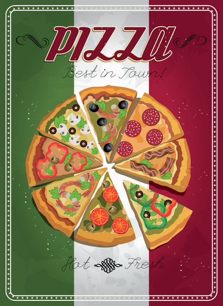 پوستر وکتور با پیتزا و تکه ای از پیتزا غذای ایتالیایی سبک وینتیج