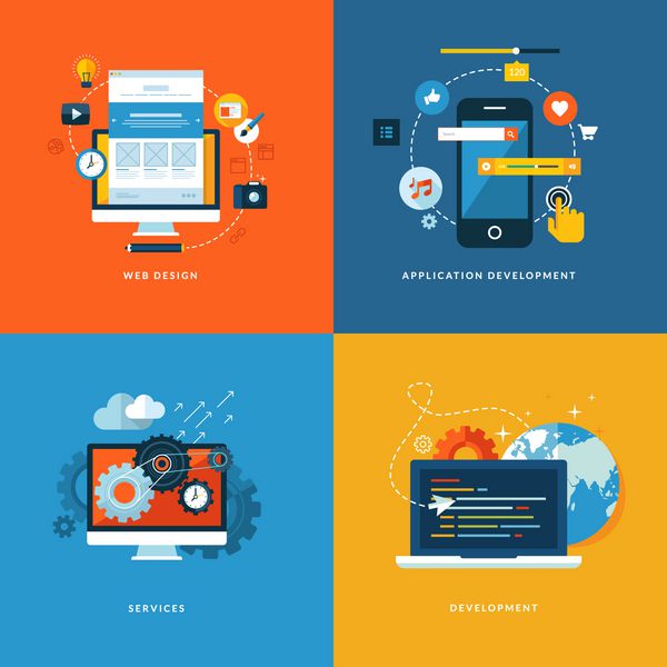 مجموعه ای از نمادهای مفهومی طراحی مسطح برای خدمات و برنامه های وب و تلفن همراه آیکون هایی برای طراحی وب توسعه اپلیکیشن خدمات و برنامه نویسی