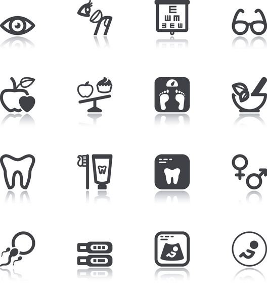 مجموعه ای از نمادهای مسطح سیاه با بازتاب در مورد مراقبت های بهداشتی تغذیه دندانی چشم پزشکی بارداری