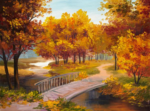 نقاشی رنگ روغن - جنگل پاییزی با رودخانه و پل روی رودخانه برگ های قرمز روشن