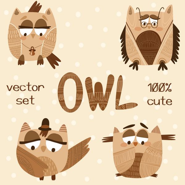 مجموعه دودل Cute Owls مجموعه وکتور در رنگ های پاستلی