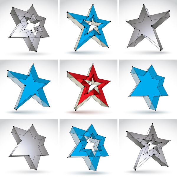 مجموعه ای از ستاره های مشبک سه بعدی جدا شده در پس زمینه سفید مجموعه ای از نمادهای ستاره مشبک رنگارنگ اشیاء پنج ضلعی تک رنگ تک رنگ وکتور واضح