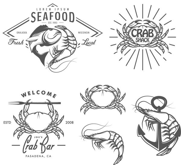 مجموعه ای از برچسب های غذاهای دریایی قدیمی نشان ها و عناصر طراحی