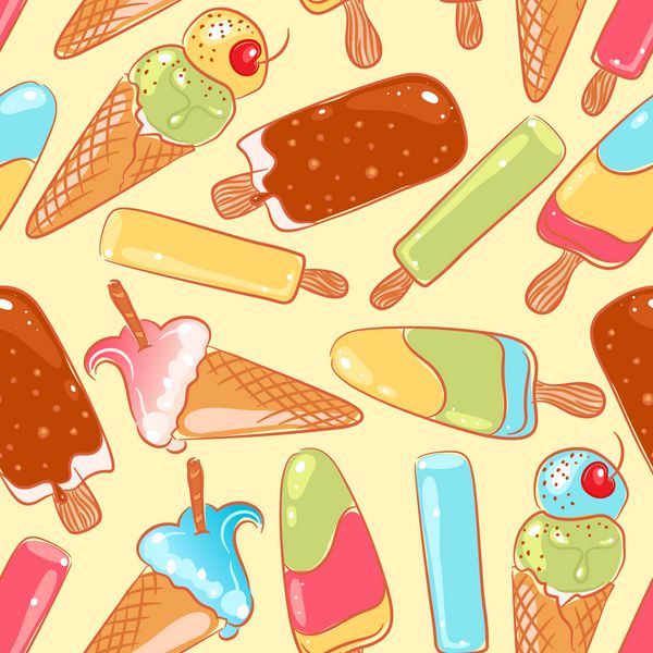الگوی بدون درز تابستانی با بستنی خوشمزه با رنگ های مختلف وکتور