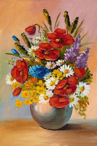 نقاشی رنگ روغن گل های بهاری در گلدان روی بوم نقاشی انتزاعی