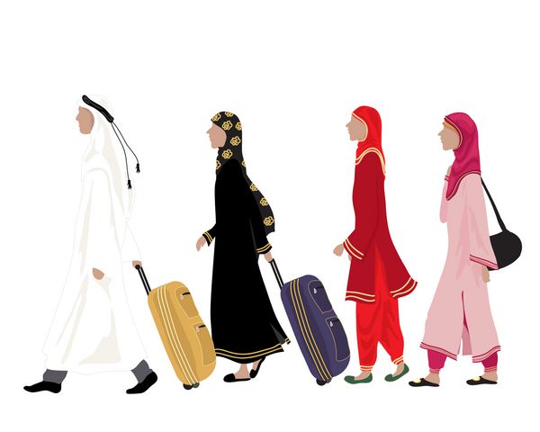 یک وکتور با فرمت از مردم عرب با لباس سنتی در حال راه رفتن همراه با چمدان در زمینه سفید