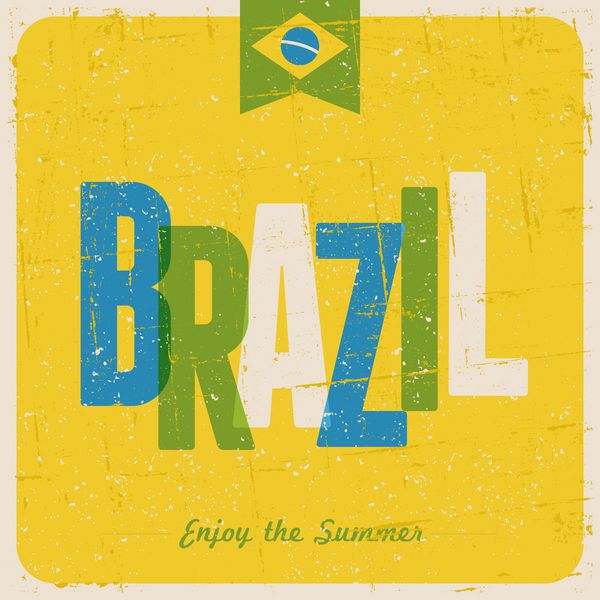 کارت پستال طرح رترو در رنگ های زرد روشن آبی و سبز مفهوم تابستانی برزیلی