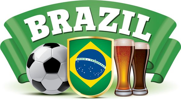 پرچم برزیل روی سپر بین توپ فوتبال و لیوان آبجو در مقابل روبان سبز