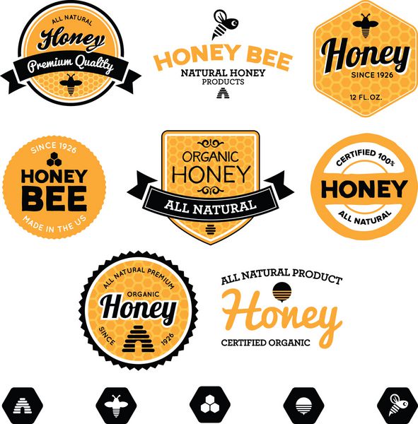 مجموعه ای از برچسب عسل و زنبور عسل برای محصولات آرم عسل