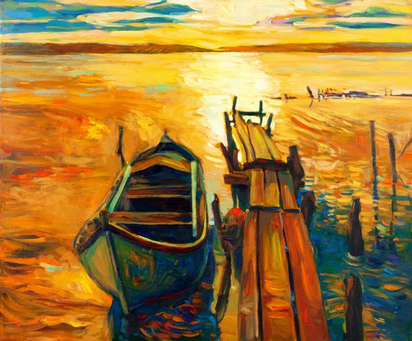 نقاشی رنگ روغن اصلی قایق و اسکله اسکله روی بوم غروب خورشید بر روی اقیانوس امپرسیونیسم مدرن