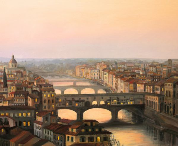 نقاشی رنگ روغن روی بوم از غروب خورشید بر فراز فلورانس فیرنز با رودخانه آرنو و پونته وکیو معروف که با نور گرم خورشید روشن شده است