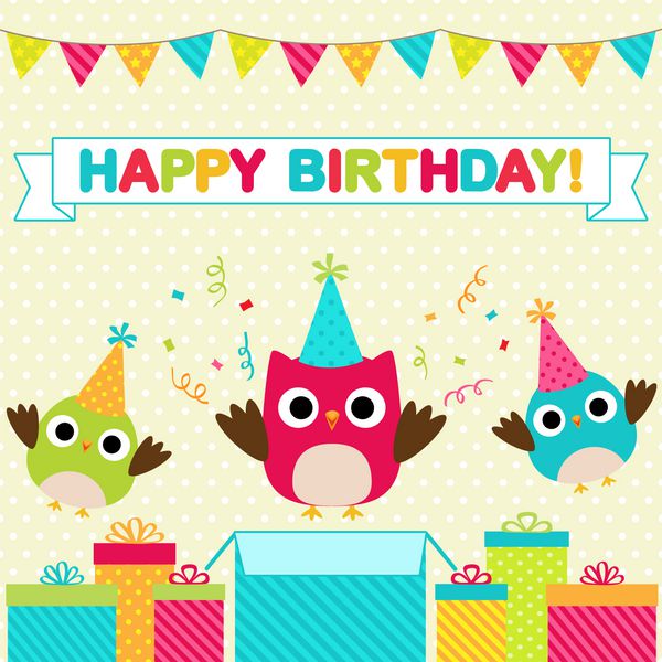 وکتور کارت جشن تولد با پرندگان خنده دار
