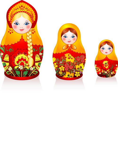عروسک‌های ماتریوشکای سنتی روسی به سبک هوهلوما مارکی از زیور آلات سنتی روسی که برای نقاشی روی چیزهای چوبی - قاشق ظروف و غیره استفاده می‌شود