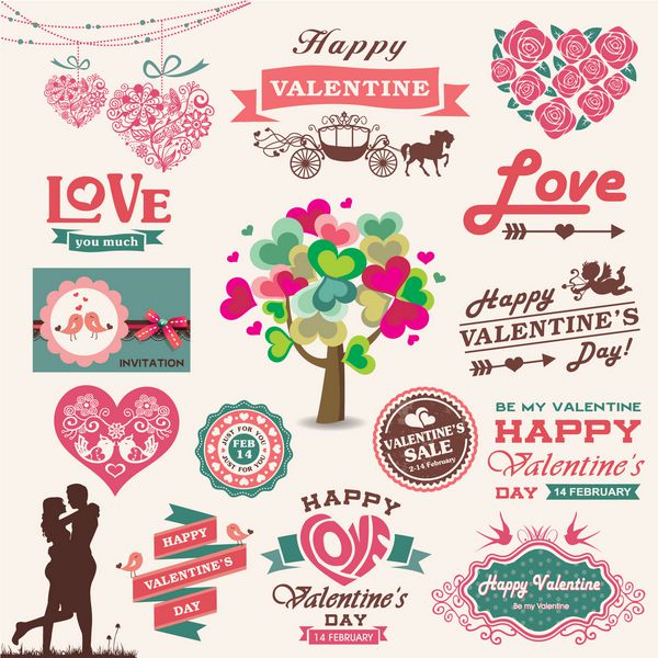 طراحی روز ولنتاین برچسب ها مجموعه عناصر نمادها وکتور